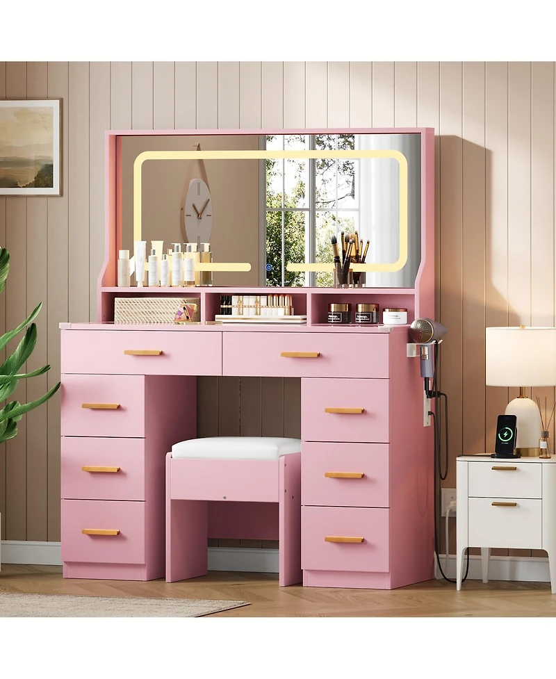 Homfan Makeup Vanity Desk Set with Large Lighted Mirror, 8 Drawers, 3 Storage Shelves, Glass Top, Stool, Built-in Power Outlet