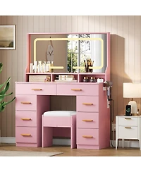 Homfan Makeup Vanity Desk Set with Large Lighted Mirror, 8 Drawers, 3 Storage Shelves, Glass Top, Stool, Built-in Power Outlet