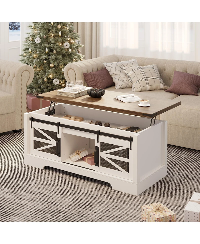 Homfan 47 Inch Farmhouse Lift Top Coffee Table with Sliding Barn Doors, Spacious Hidden Storage, Rectangle Entryway Cabinet