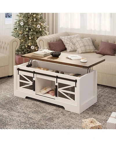Homfan 47 Inch Farmhouse Lift Top Coffee Table with Sliding Barn Doors, Spacious Hidden Storage, Rectangle Entryway Cabinet