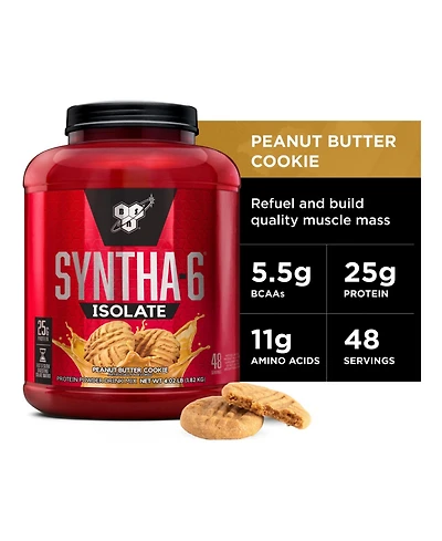 Bsn Syntha-6 Isolate Protein Powder, Peanut Butter Protein Powder with Whey Protein Isolate, Milk Protein Isolate, Peanut Butter Cookie, 48 Servings