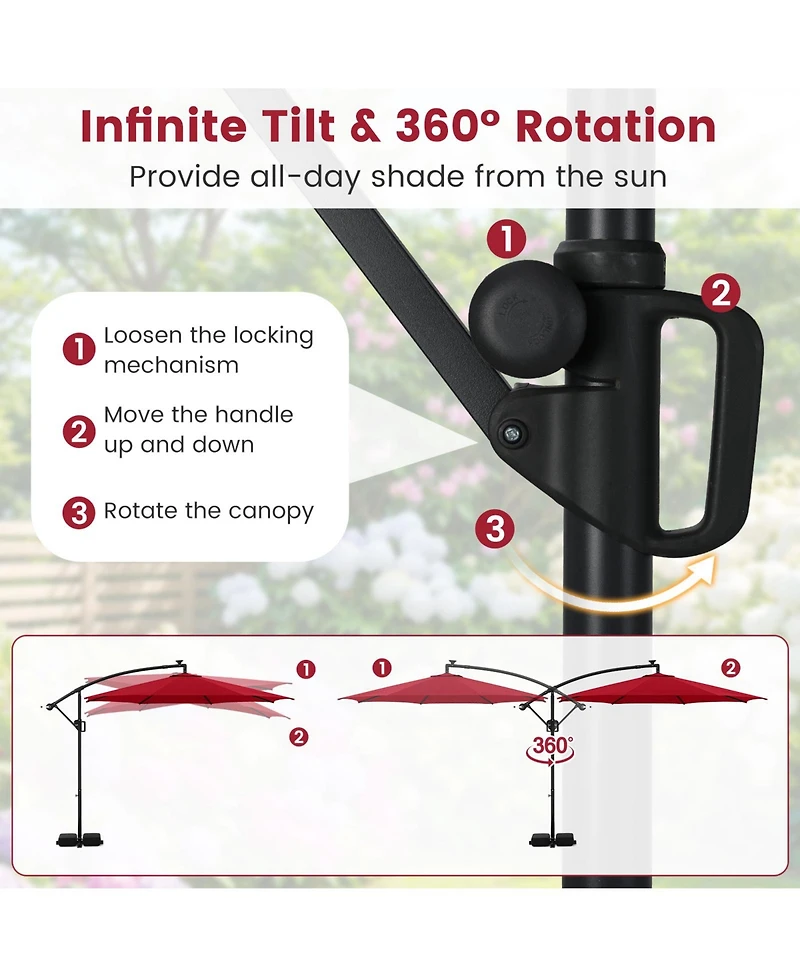 Gouun 10 ft Solar Offset Hanging Patio Umbrella with Base, 96 Led Lights and 360-Degree Rotation