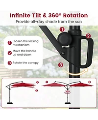 Gouun 10 ft Solar Offset Hanging Patio Umbrella with Base, 96 Led Lights and 360-Degree Rotation