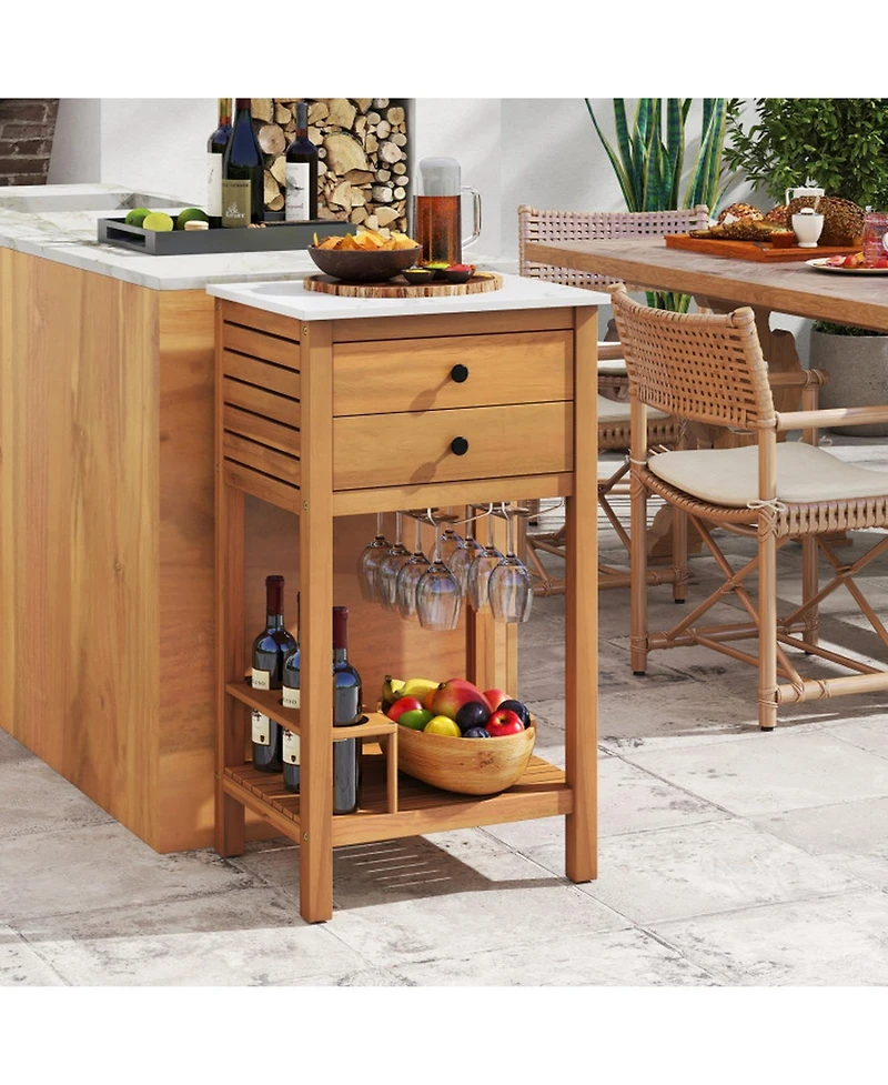Sugift Patio Acacia Wood Storage Cabinet Buffet Bar Table with Faux Marble Countertop