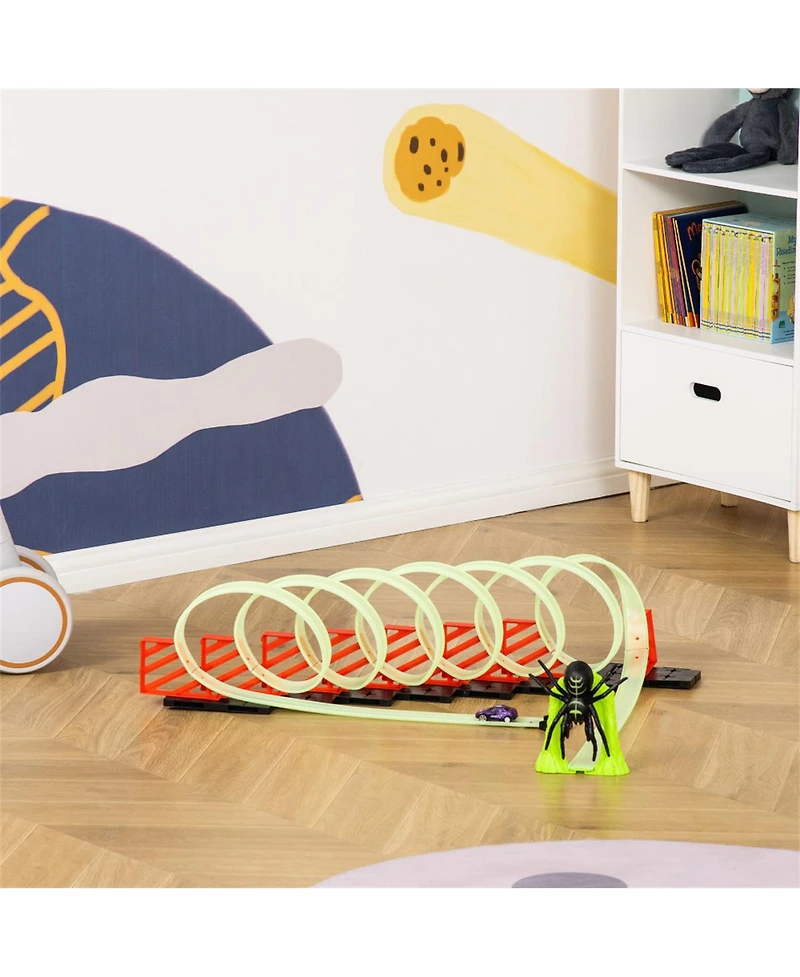 Yobtop Diy glow-in-the-dark track builder with spider loop, pull-back car and lights, 33.75-inch race track fun.