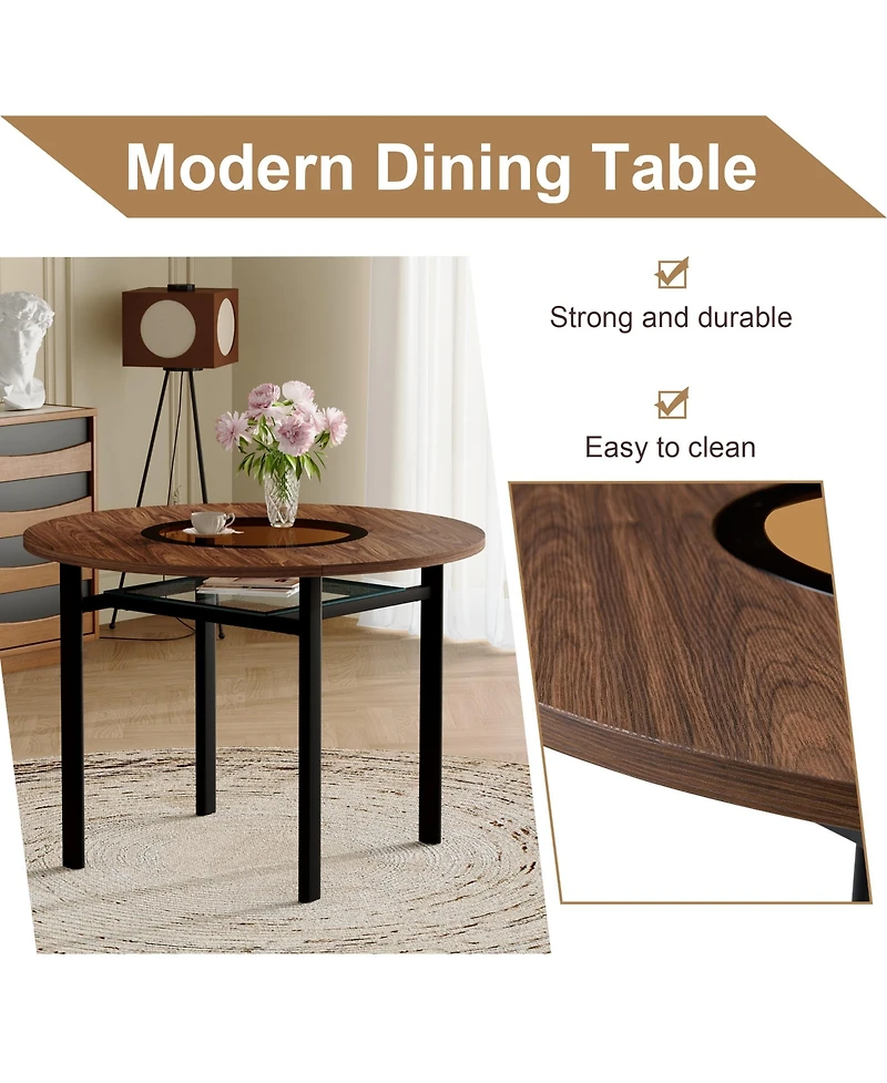 Rainsken 42" Round Dining Table with Wood-Grain Mdf Top and Glass Inlay, Minimalist Table with Storage Shelf for Small Spaces