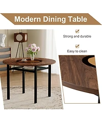 Rainsken 42" Round Dining Table with Wood-Grain Mdf Top and Glass Inlay, Minimalist Table with Storage Shelf for Small Spaces