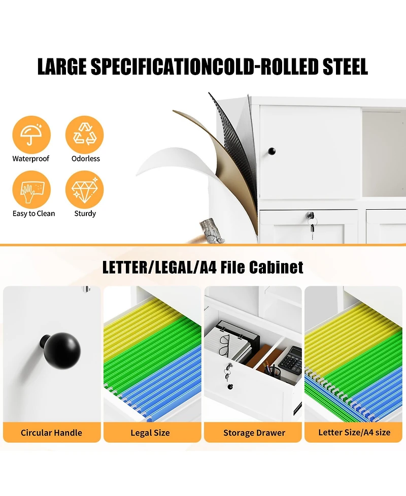 Rainsken Metal Filing Cabinet with Lock, 2-Drawer File Cabinet with Open Storage Shelves and Full-Extension Slides, Holds A4/Legal/Letter Files