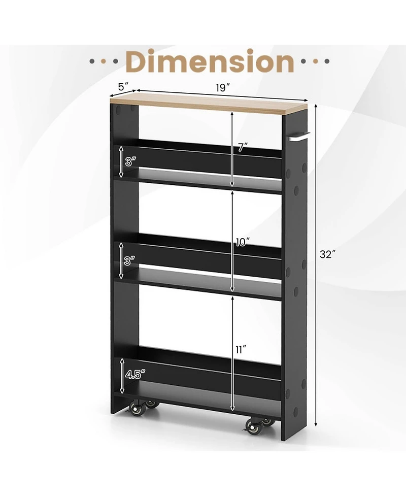 Gouun 4-Tier Slim Rolling Kitchen Storage Cart with Side Handle and Guard Rails