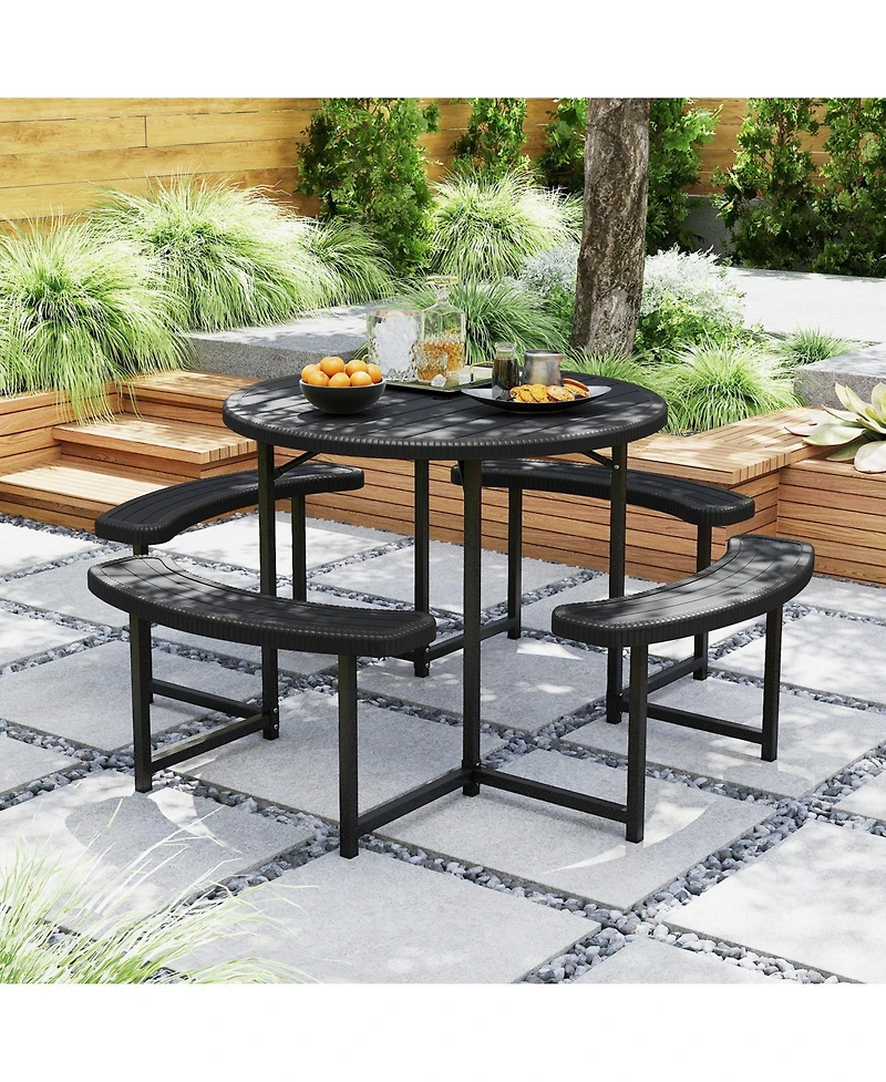 Sugift Round Picnic Table Bench Set with 4 Benches and Umbrella Hole for Patio Outdoor