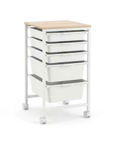 Gouun 5-Drawer Rolling Storage Cart with Wooden Tabletop, Metal Frame and Lockable Casters