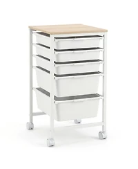 Gouun 5-Drawer Rolling Storage Cart with Wooden Tabletop, Metal Frame and Lockable Casters
