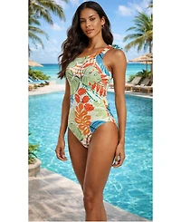 La Moda Clothing Women's Tropical Print One-Shoulder One-Piece Swimsuit