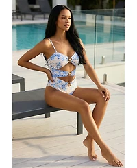 La Moda Clothing Women's Blue Floral Cut-Out One Piece Swimsuit
