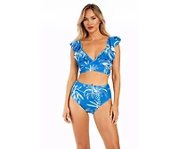 La Moda Clothing Women's Blue Tropical Ruffle Bikini Set