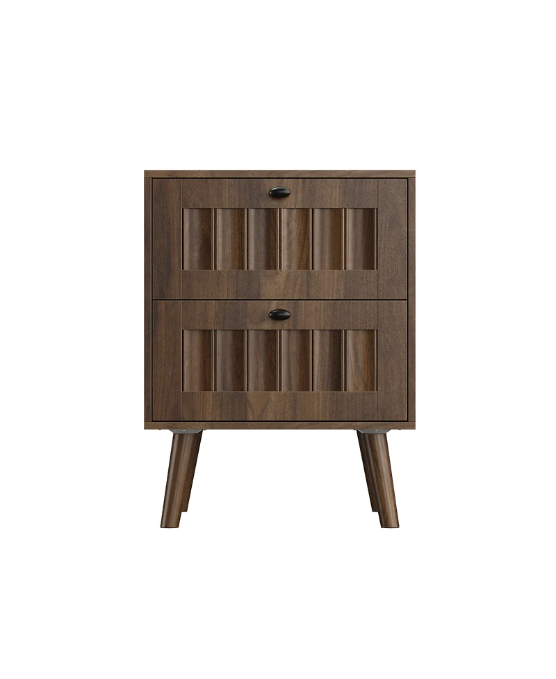 Rainsken Mid-Century Modern Nightstand Set of 2, Double-drawer Bedside Table with Solid Wood Legs for Bedroom, Home Office, Walnut