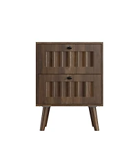 Rainsken Mid-Century Modern Nightstand Set of 2, Double-drawer Bedside Table with Solid Wood Legs for Bedroom, Home Office, Walnut