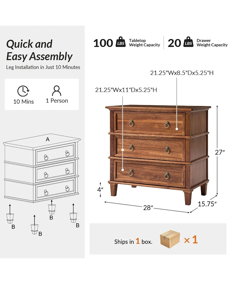 Hulala Home Allisa 28"W 3-Drawer Solid Wood End Table with Built-in Charging Station