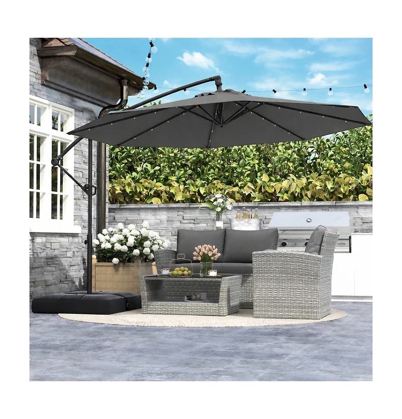 Gouun 10 ft Solar Offset Hanging Umbrella with 32 Led Lights, Base and 360 Rotation