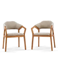 Rainsken Wooden Arm Dining Chairs Set of 2, Soft Chenille Upholstered Seat with Curved Backrest for Compact Dining Areas
