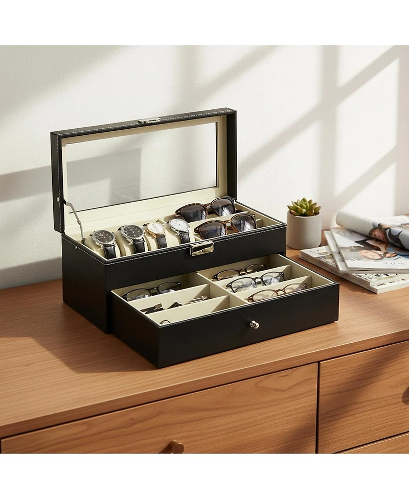 Yigii Leather 6 Watch Box 9 Eyeglasses Storage Lockable Organizer Two Levels Clear Glass Top