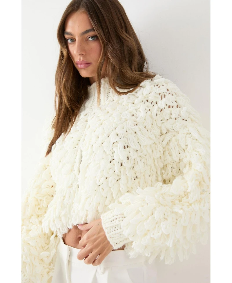 MissPap Women's Zip Up Cream Fringe Loop Cardigan