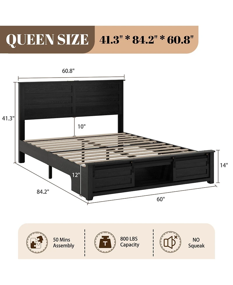Lucky One Queen Bed Frame with Upholstered Headboard and Wood Platform