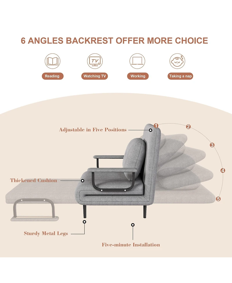 Rainsken 3-in-1 Convertible Folding Sofa Bed with Pillow and 5-Level Adjustable Backrest, Space-Saving Sleeper Chair for Living Room and Bedroom