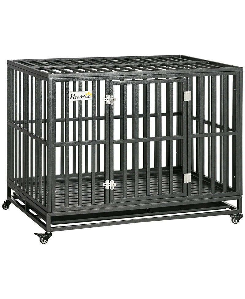 Aostirmotor Heavy Duty Metal Dog Crate Kennel with Lockable Wheels, Slide-Out Tray and Anti-Pinch Floor