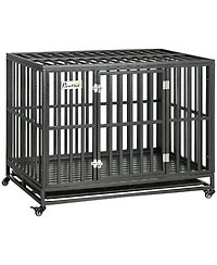 Aostirmotor Heavy Duty Metal Dog Crate Kennel with Lockable Wheels, Slide-Out Tray and Anti-Pinch Floor