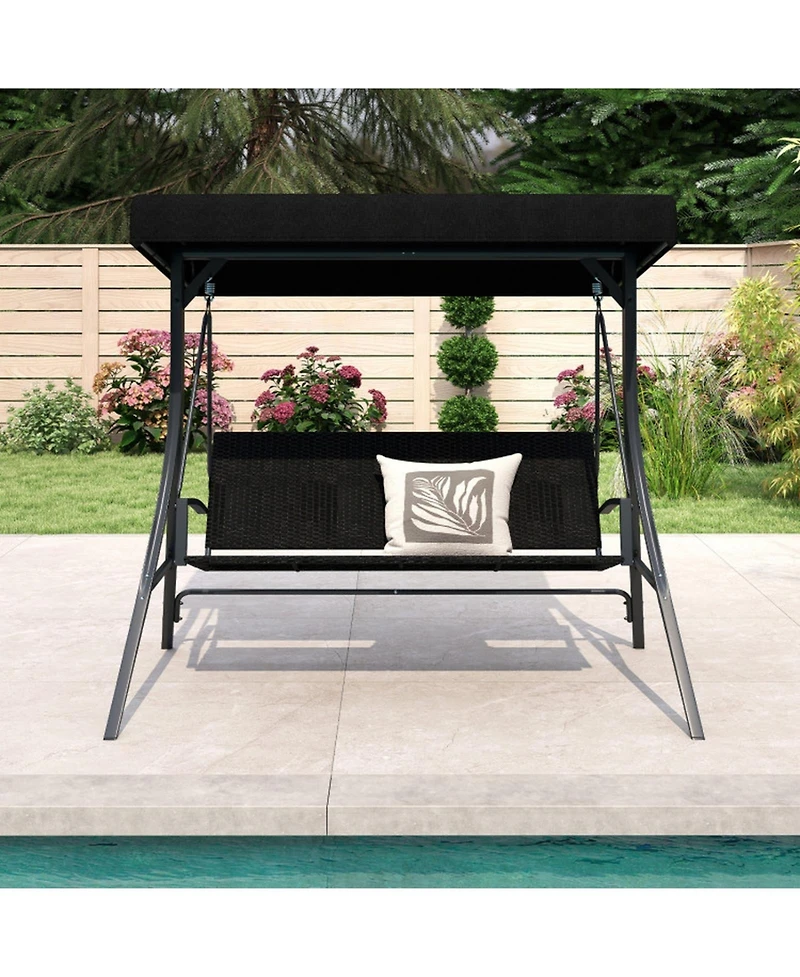Gouun 3-Person Canopy Porch Swing with A-Frame Stand and Wicker Rattan Back