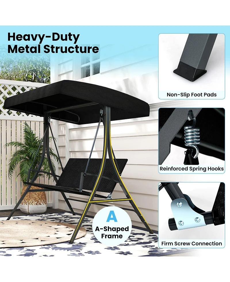 Gouun 3-Person Canopy Porch Swing with Stand, Wicker Seat Back, 1000 lbs Capacity, 75.5 x 65 in