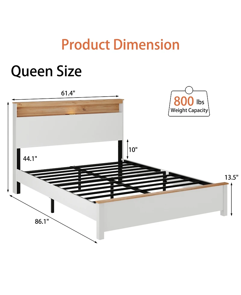 Lucky One Queen Bed Stand With Charging Station All -Wood Bed Frame