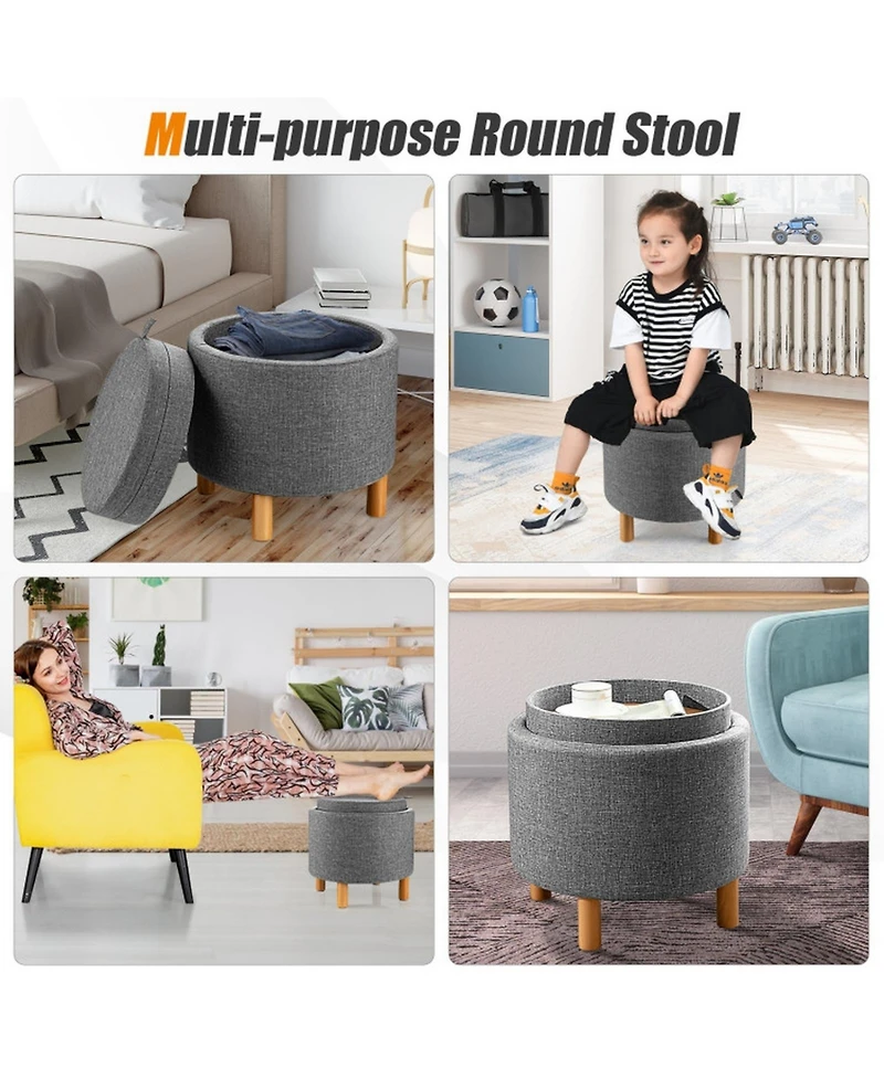 Gouun Round Fabric Storage Ottoman with Removable Tray Lid and Wood Legs