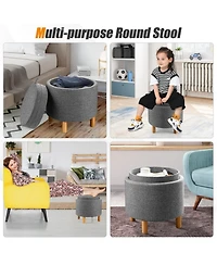 Gouun Round Fabric Storage Ottoman with Removable Tray Lid and Wood Legs