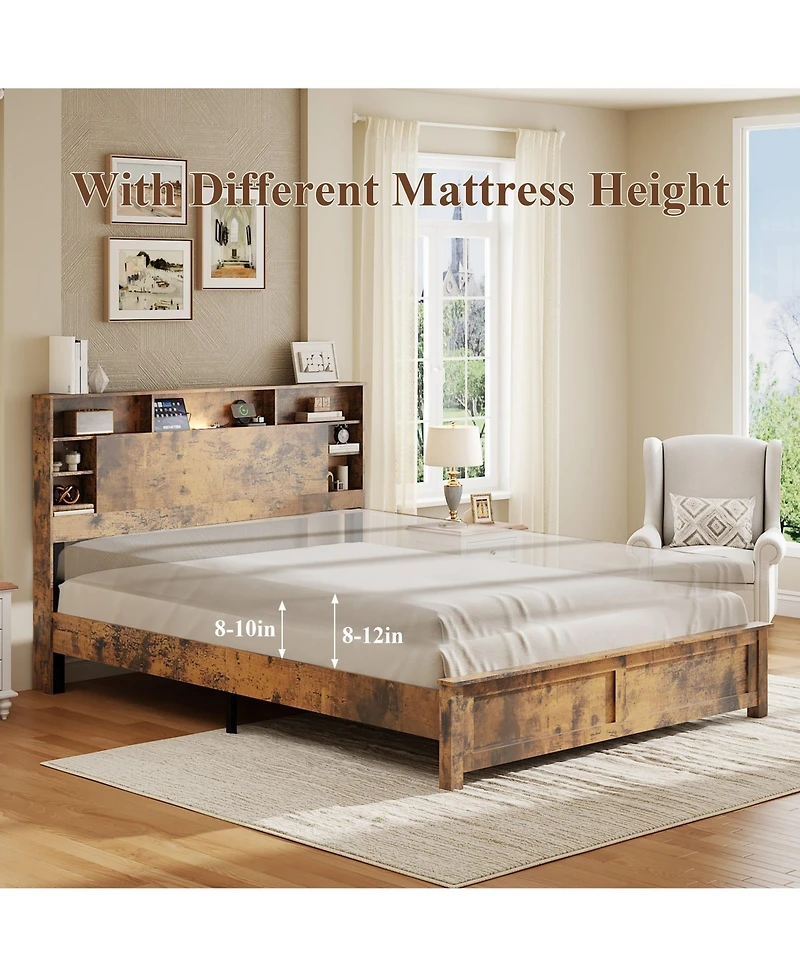 Lucky One Bed Frame with Storage Headboard, Wood Platform Bed Frame with Charging Station