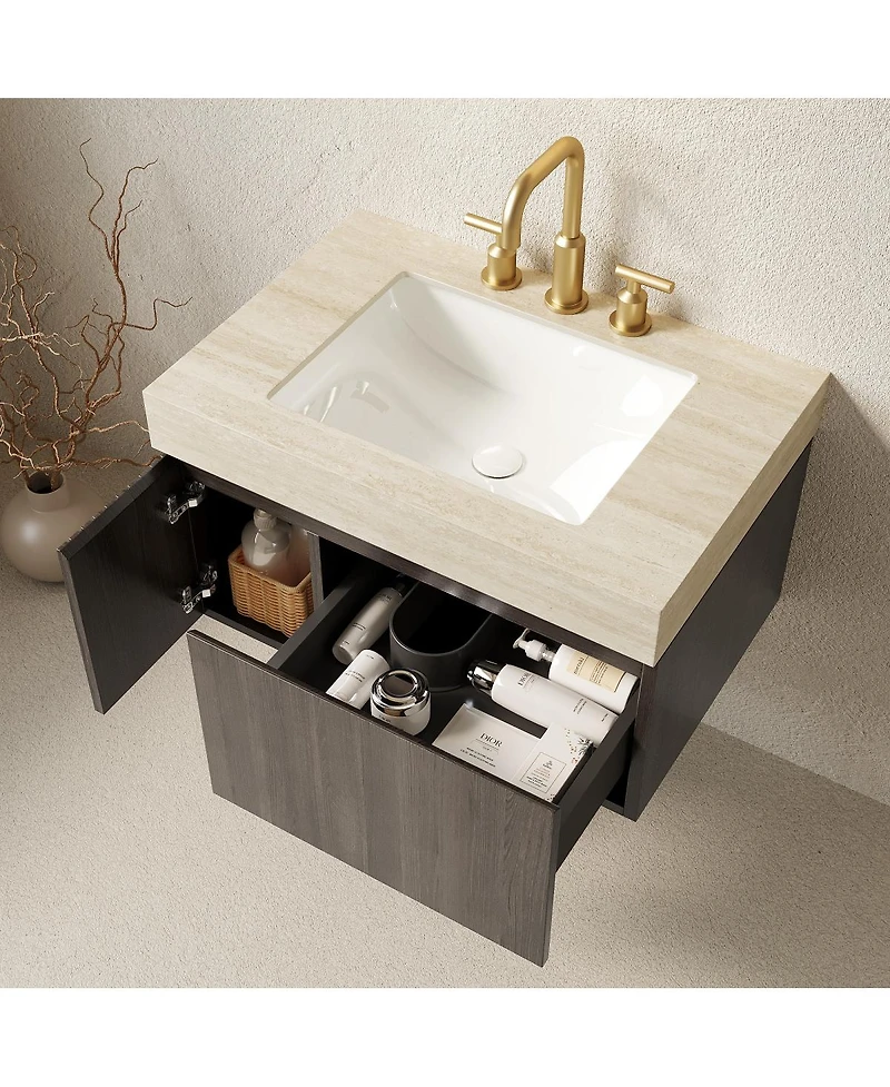 Sillysis 30 Inch Bathroom Vanity with Travertine Pattern Sintered Stone Top, Ceramic Undermount Sink, Soft Close Cabinet