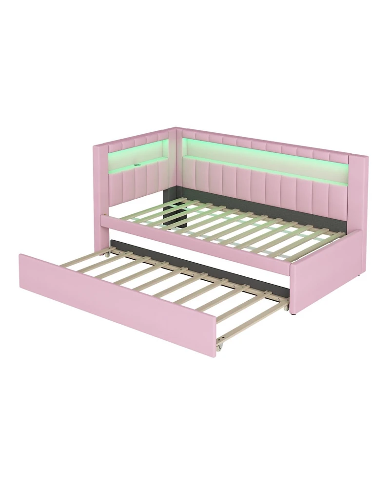 Rainsken Upholstered Daybed with Trundle, Built-in Usb Ports and Led, L-Shaped Day Bed