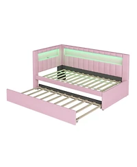 Rainsken Upholstered Daybed with Trundle, Built-in Usb Ports and Led, L-Shaped Day Bed