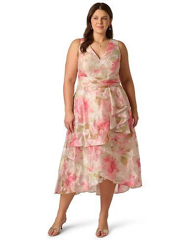 Adrianna Papell Plus Cascade Organza V-Neck Midi Dress