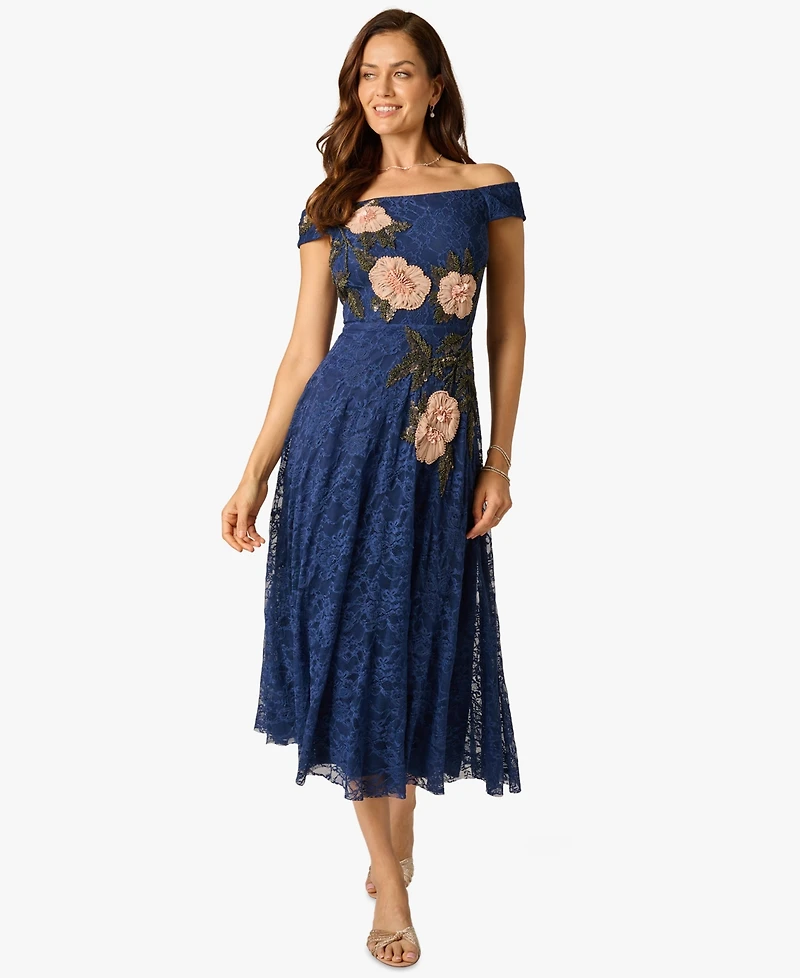 Adrianna Papell Women's Off-The-Shoulder Embellished Midi Dress