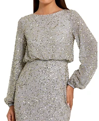 Mac Duggal Women's Beaded Mesh Blouson Sleeve Evening Gown