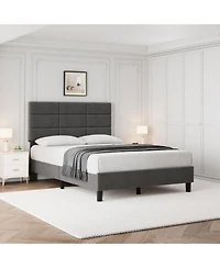 Homfan Modern Noise Free Upholstered Platform Bed Frame Adjustable Headboard Sturdy Wooden Slats Linen Fabric Easy Assembly No Box Spring Needed