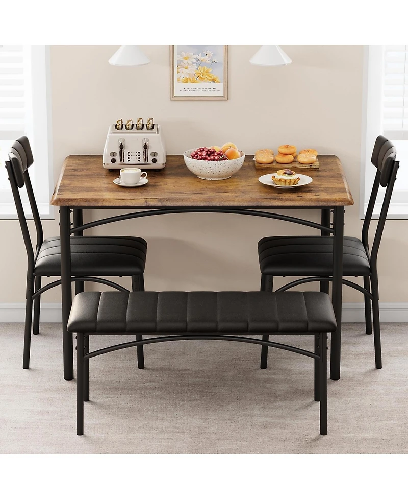 gaomon 4-Piece Wooden Dining Set, Rectangular Table, 4 Chairs and Upholstered Bench for Small Spaces
