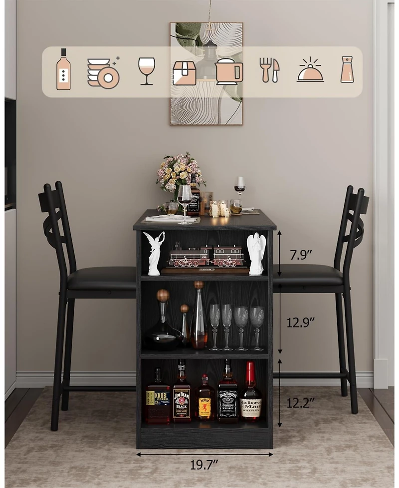gaomon 2-4 Person Durable Bar Table Set with 16" Wide Cushions and Flip-Top Extension, for Dining