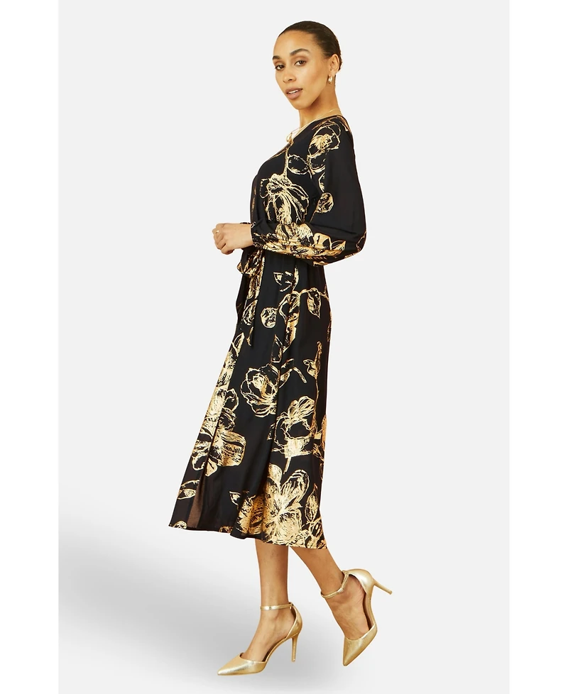 Yumi Women's Foil Rose Print Midi Dress