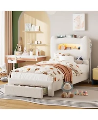 Homfan Upholstered Bed Frame With Storage Headboard Led Lights Charging Station Drawer