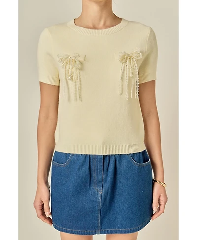English Factory Women's Short Sleeve Knit Top with Bow Detail