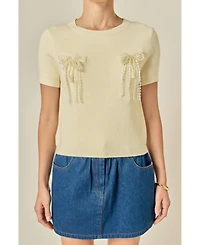 English Factory Women's Short Sleeve Knit Top with Bow Detail