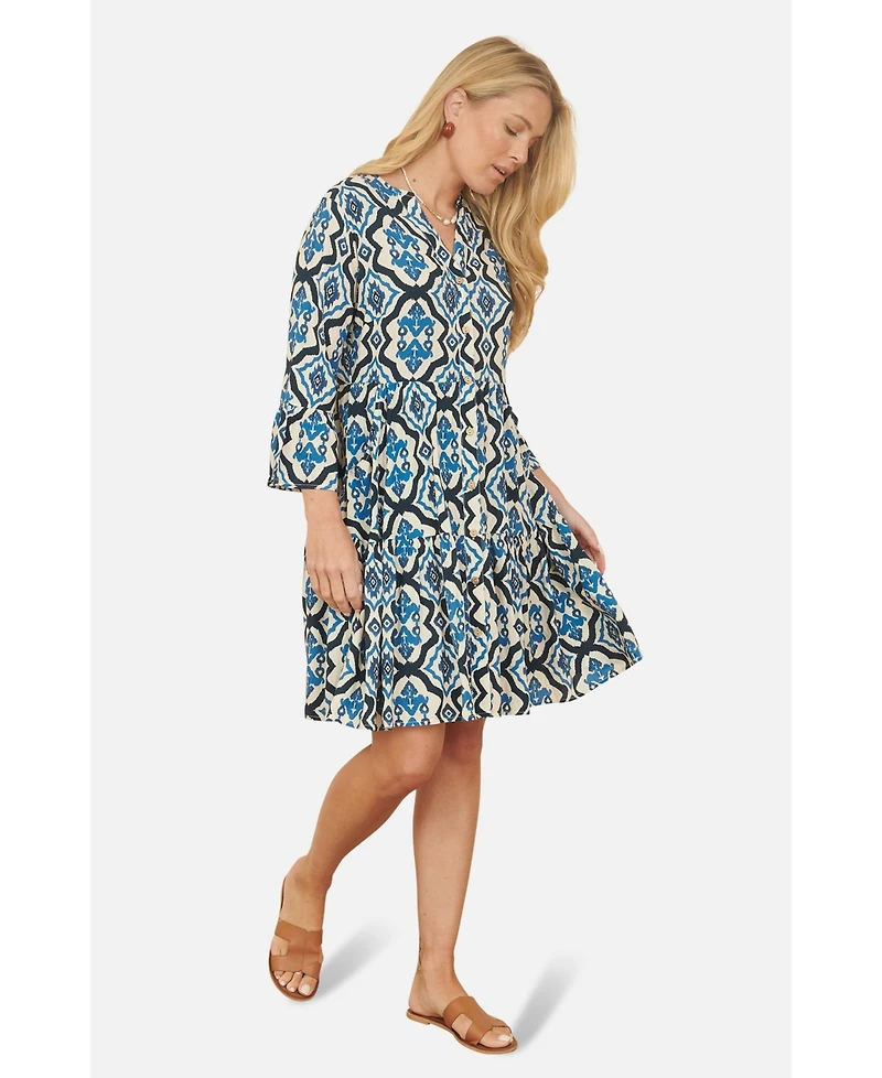 Yumi Women's Ikat Print 3/4 Sleeve Tunic Dress